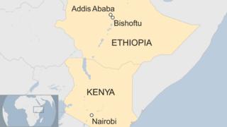 Map of Ethiopia and Kenya showing location of capitals Addis Ababa and Kenya, and Bishoftu where the plane went down