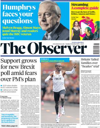 Front page of the Observer on 13 October 2019