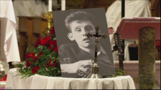 A picture of late Irish singer Shane MacGowan during his funeral Mass in Tipperary, Ireland, 8 December 2023.