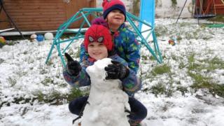 Two boys with a snowman