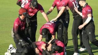 Somerset players celebrate their second win in this season's One-Day Cup