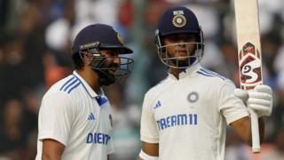 India's Yashasvi Jaiswal celebrates hitting a half-century in the first Test against England