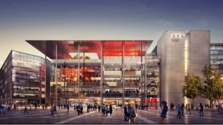 Изображение нового здания BBC Уэльса на центральной площади Кардиффа
