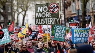 People in London protesting against government cuts