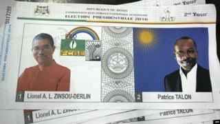 A picture taken in Cotonou on March 20, 2016 shows a ballot paper picturing two candidates 61-year-old Franco-Beninese banker and current Prime Minister Lionel Zinsou (L) and cotton magnate Patrice Talon (R) during the presidential elections in Cotonou, on March 20, 2016.