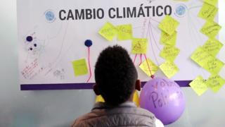 Niño mira un cartel sobre cambio climático