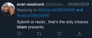 Evan Woolcock tweeting about Islam