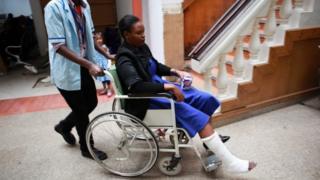 One of the injured students from the Strathmore University, when she was taken to Nairobi West hospital for treatment, after police conducted a terror drill in the learning institution in Nairobi, Kenya, 30 November 2015