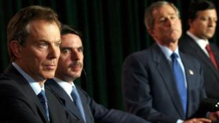 Tony Blair, George W.Bush and the Spanish prime minister Jose Maria Aznar at a crunch meeting in the Azores in the final days before the March 2003 invasion