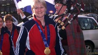Rhona Martin with her Olympic curling gold medal