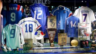Vintage shirts displayed at the new museum dedicated to the French national football team at their national training centre of Clairefontaine near Paris.