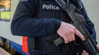 A Belgian police officer on patrol in Brussels