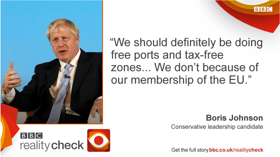 Boris Johnson saying: We should definitely be doing free ports and tax-free zones... We don't because of our membership of the EU.