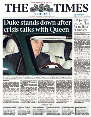 Scotland's papers: 'Outcast' Prince Andrew stands down from public