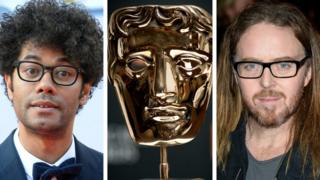 Richard Ayoade, Bafta mask and Tim Minchin