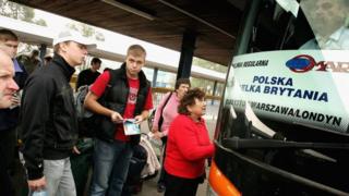 Polish people queue for a bus from Warsaw to London in 2006