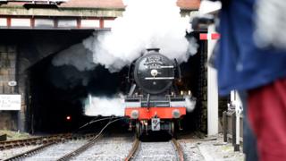 The Flying Scotsman train at the East Lancashire Railway tracks in public for the first time after the successful completion of a decade-long £4.2m restoration project.