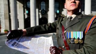 Captain Peter Kelleher reading the Proclamation at the GPO