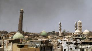 File photo shows the leaning minaret and al-Nouri Mosque in the Old City of Mosul on May 24, 2017
