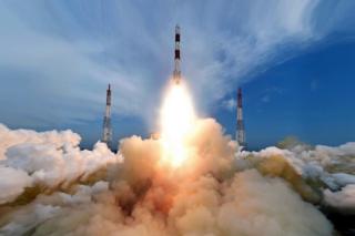 A handout picture provided by the Indian Space Research Organization (ISRO) shows the fully integrated PSLV-C35 taking off from the launch pad at Sriharikota"s Satish Dhawan Space Centre in Andhra Pradesh, India, 26 September 2016