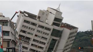 Hotel tilting after earthquake in Hualien, Taiwan, 6 February