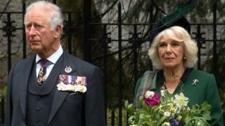 The Prince of Wales and the Duchess of Cornwall observe a minute's silence to mark VE Day on 08 May 2020
