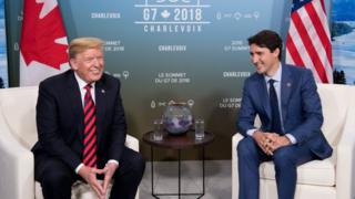 US President Donald Trump and Canadian Prime Minister Justin Trudeau hold a meeting on the sidelines of the G7 Summit in La Malbaie, Quebec, Canada, 8 June, 2018