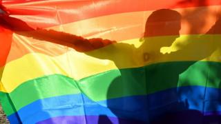 Person holding a rainbow flag