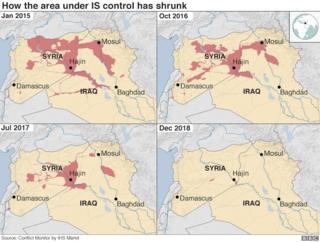 Series of maps showing how the area under IS control has shrunk