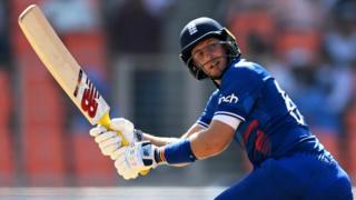 England batter Joe Root looks at the ball after playing a shot