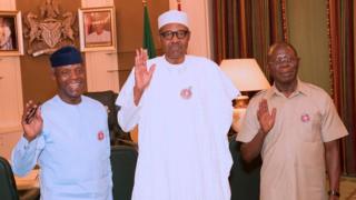 Shugaban Najeriya Muhammadu Buhari tare da mataimakinsa da kuma shugaban APC