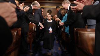 Ruth Bader Ginsburg arrives for President Barack Obama's address to a joint session of Congress in the House Chamber of the Capitol in Washington, 24 February 2009