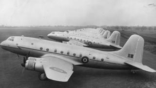 1st July 1948: Bristol Hercules powered Handley Page Hastings C1 transport aircraft lined up at the factory airfield at Radlett, Hertfordshire, prior to delivery to RAF Transport Command. (TG519 is nearest camera). The Hastings served in many other roles and took part in the Berlin Airlift during the Berlin blockade.