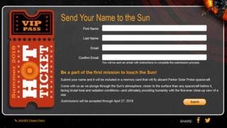 Form on Nasa website for sending your name to the Sun