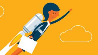 Illustration of a business woman flying through the air propelled by a rocket