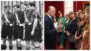 Two images of people receiving their Duke of Edinburgh Awards. One a group of boys outside Buckingham Palace in 1960 and another set of girls at the 500th Anniversary event in 2013 with the Duke inside Buckingham Palace