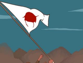 A group of relatives plant a flag of a bloodstained bedsheet