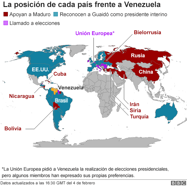 Mapa de los países que apoyan a Guaidó y a Maduro