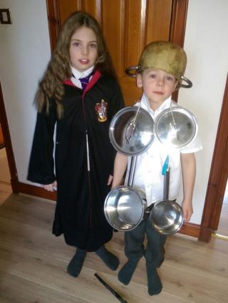 Tom and his sister Anna sent us this photo from Ayrshire, Scotland. Tom is Saucepan Man from the Enid Blyton Magic Faraway Tree books, and Anna is Hermione Granger from Harry Potter