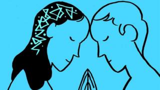 Ilustración de una mujer en actitud cariñosa con un hombre.