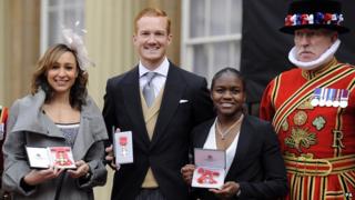 Jessica Ennis, Nicola Adams and Greg Rutherford with their MBEs