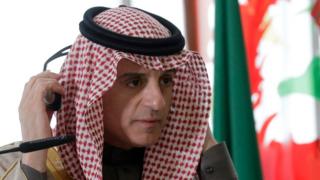 Saudi Arabian Foreign Minister Adel bin Ahmed Al-Jubeir adjusts his headphones ahead of a joint statements to the press with Italian Foreign Minister Angelino Alfano, at the Italian Foreign Ministry, in Rome, Monday, Feb. 20, 2017.