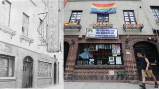 The Stonewall Inn, a week after the uprising and in 2009