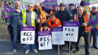 Waste recycling workers standing at a picket line