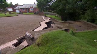 Subsidence at a garden and driveway in George Street, Sutton-in-Ashfield, Nottinghamshire