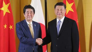 2019年6月27日,中国国家主席习近平在大阪参加G20会见日本首相安倍晋三