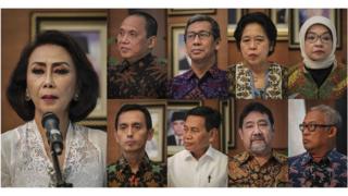 Ketua Pansel KPK Yenti Ganarsih (kiri) bersama para anggota (dari kiri atas) Indriyanto Seno Adji, Hamdi Moeloek, Harkristuti Harkrisnowo, Diani Sadia Wati, (dari kiri bawah) Al Araf, Mualimin Abdi, Hendardi dan Marcus Priyo Gunarto.