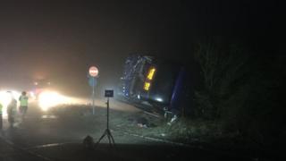 Overturned coach near Thame on M40
