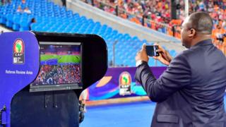 The VAR station is pictured during the 2019 Africa Cup of Nations (CAN) quarter final football match between Nigeria and South Africa at Cairo international stadium on July 9, 2019.