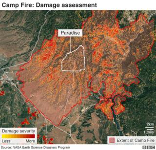 Map showing extent of damage in Paradise and surrounding area
